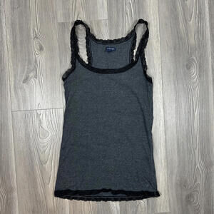 American Eagle Grey Ribbed Long Tank Top with Black Lace‎ Trim